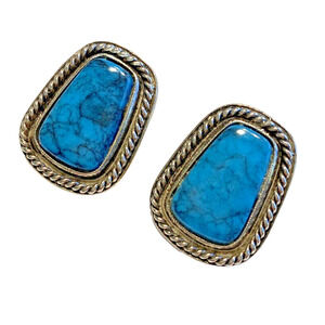 Vintage Clip On Earrings Textured Silvertone Metal & Faux Turquoise Stones Chic